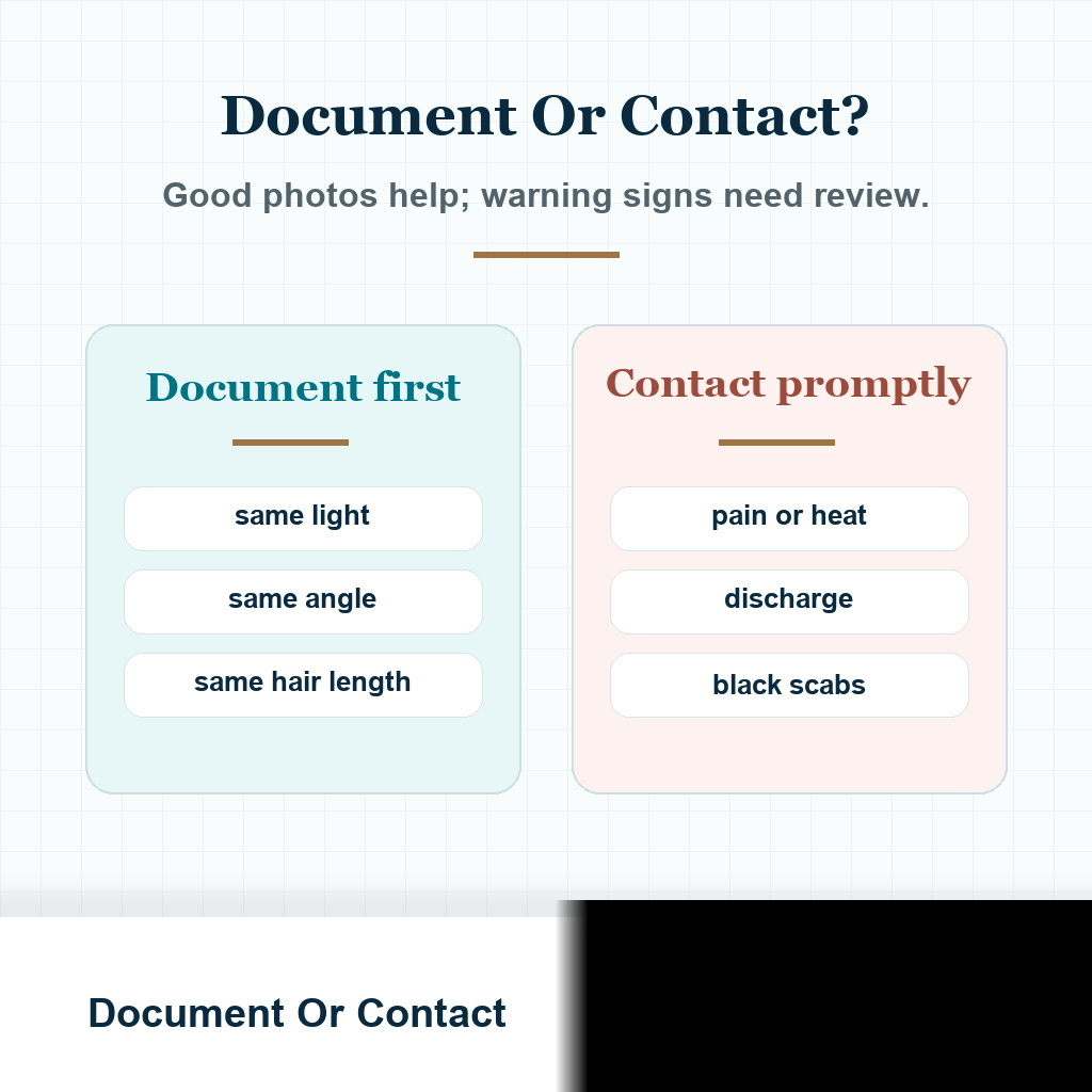 Decision card explaining when to document native hair shock loss and when to contact the surgeon promptly