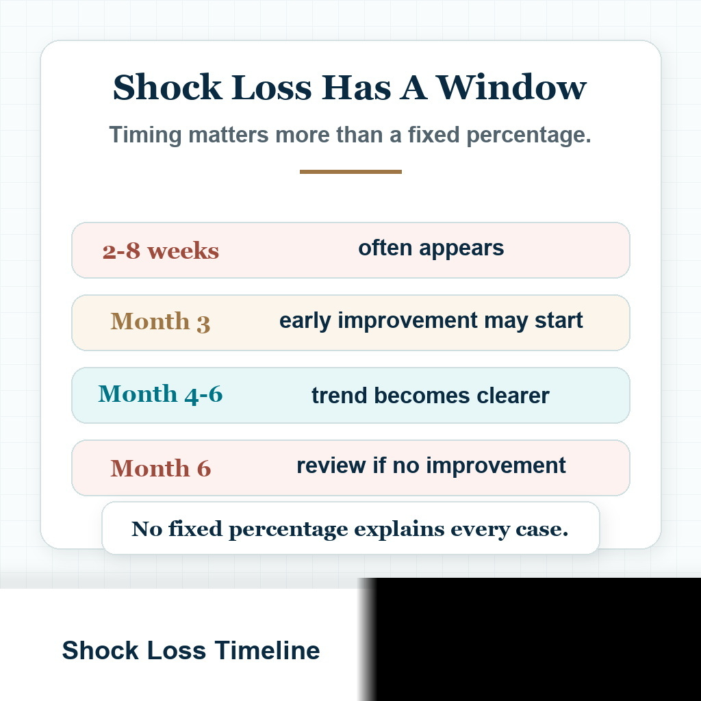 Timeline card showing when native hair shock loss usually appears and when recovery becomes easier to judge