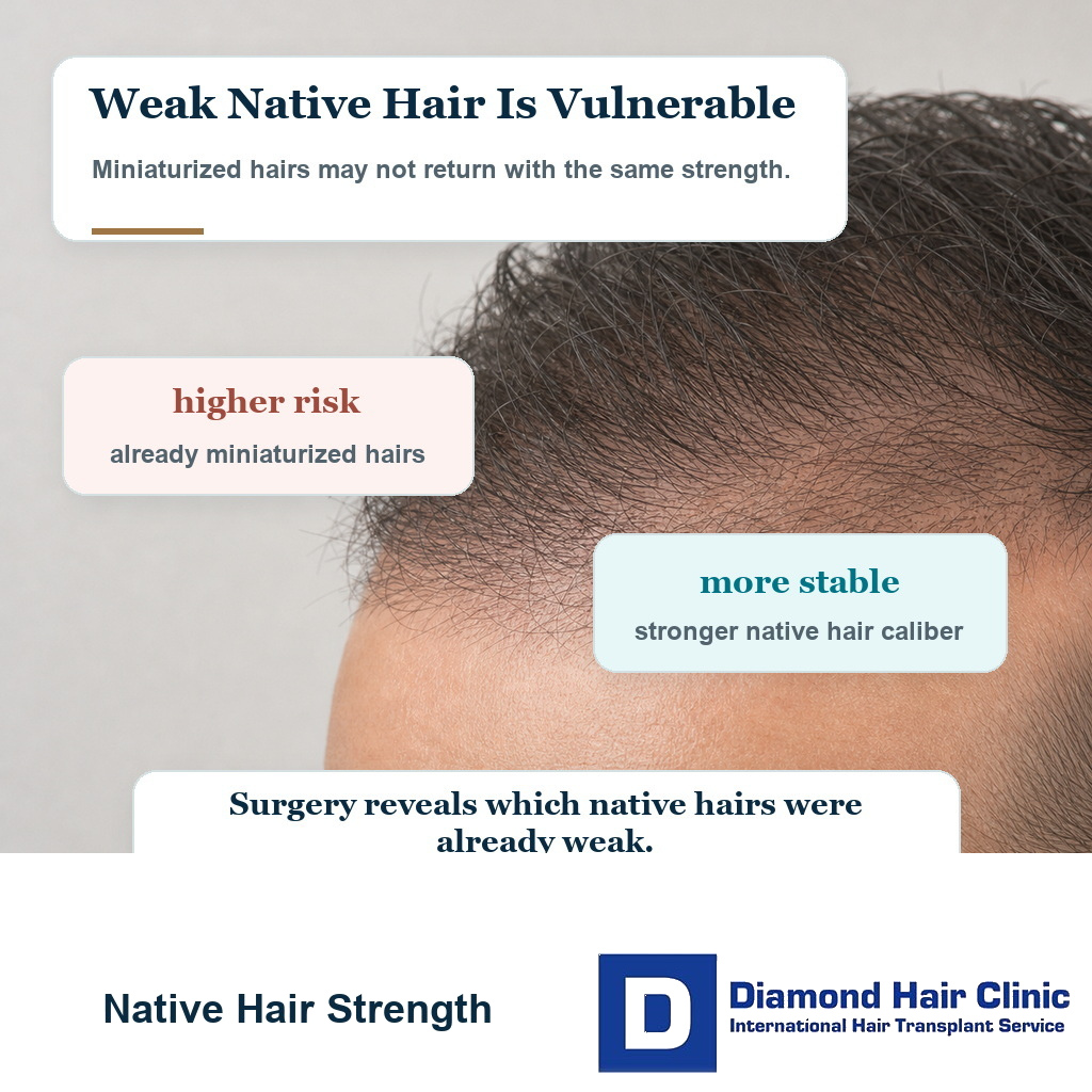 Visual showing that miniaturized native hairs are more vulnerable to shock loss after hair transplant surgery