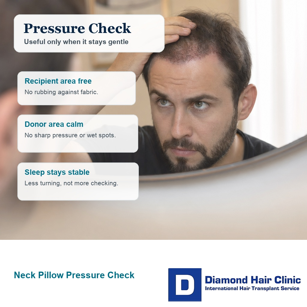 Patient checking the transplanted hairline while avoiding pillow pressure on healing scalp