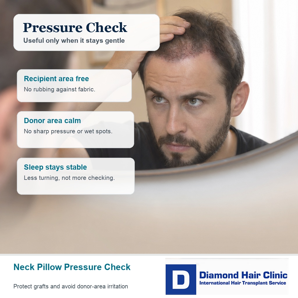Patient checking the transplanted hairline while avoiding pillow pressure on healing scalp