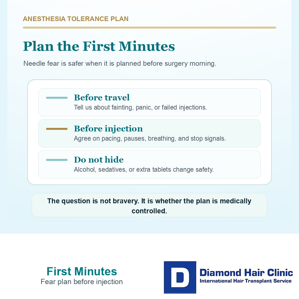 Support card explaining first injection planning for needle fear before hair transplant anesthesia