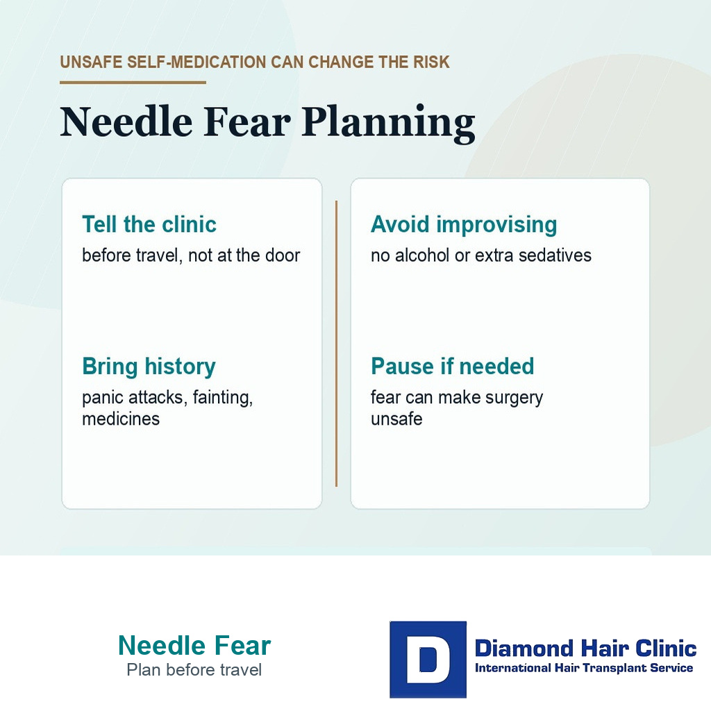 Information card warning patients not to hide needle fear or self-medicate before hair transplant anesthesia