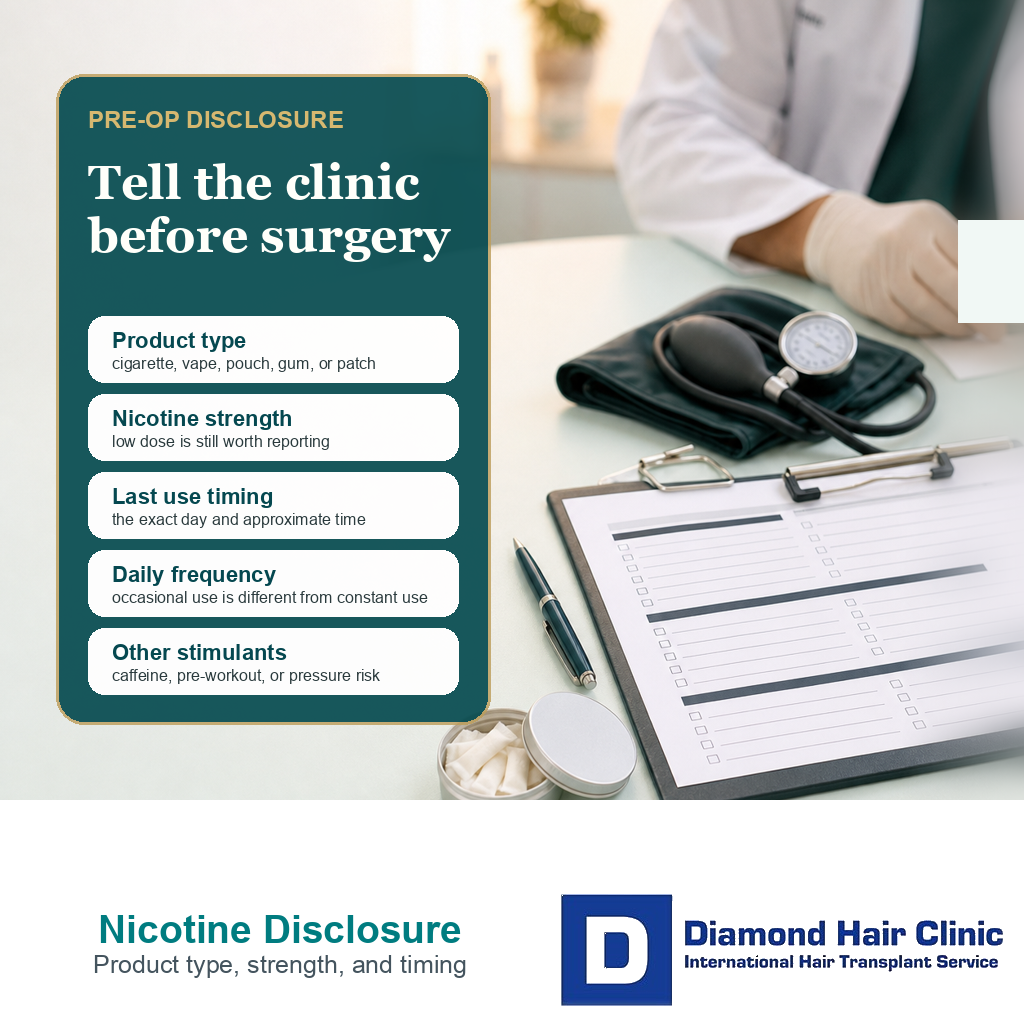 Pre-operative nicotine disclosure card showing product type, nicotine strength, last use timing, daily frequency, and other stimulants before hair transplant surgery.