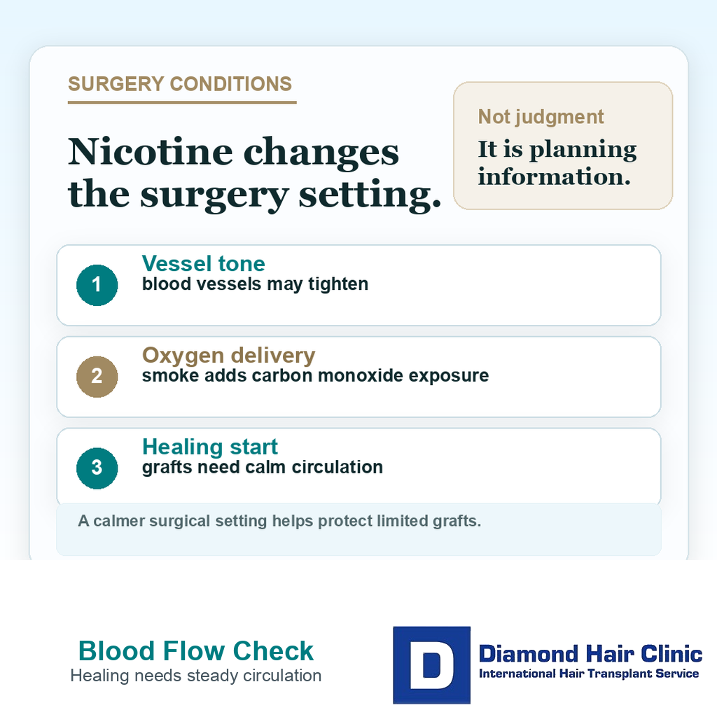 Blood flow check card explaining vessel tone, oxygen delivery, and healing start when nicotine is used before hair transplant surgery