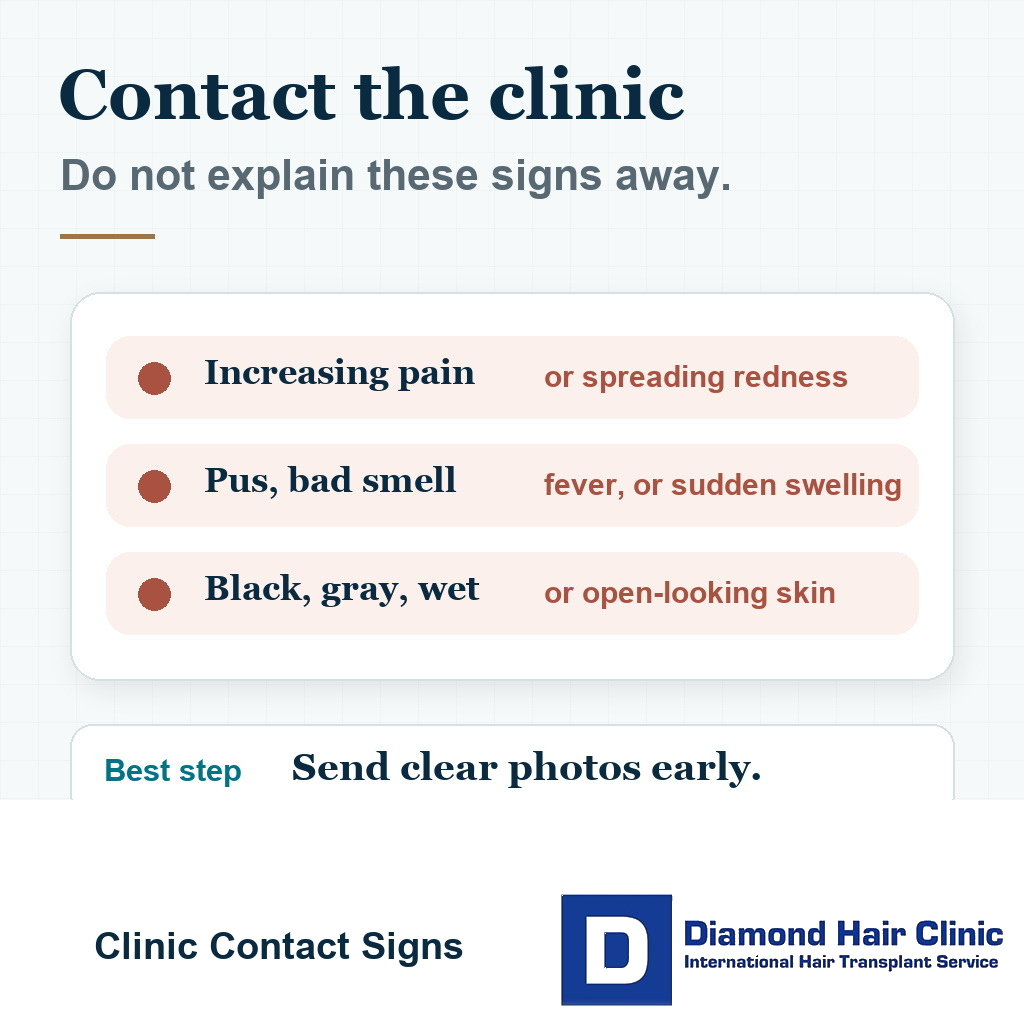 Visual guide showing warning signs that should prompt clinic contact after nicotine use during hair transplant recovery