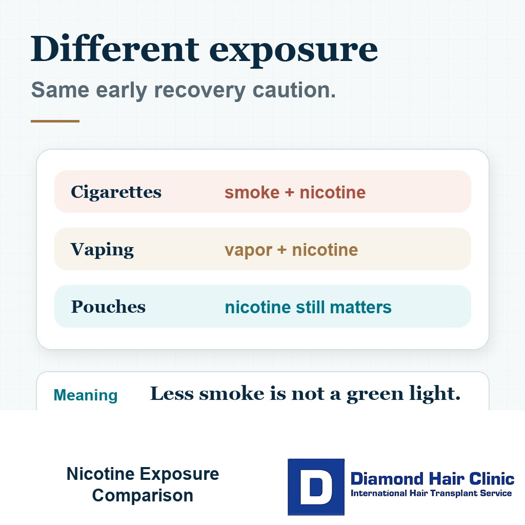 Visual comparison showing that cigarettes vaping and nicotine pouches differ but still require early recovery caution after hair transplant