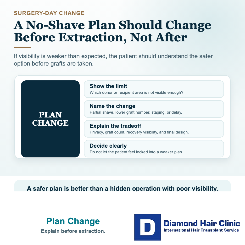 Visual explaining how no-shave hair transplant plans should be changed before extraction if visibility is poor