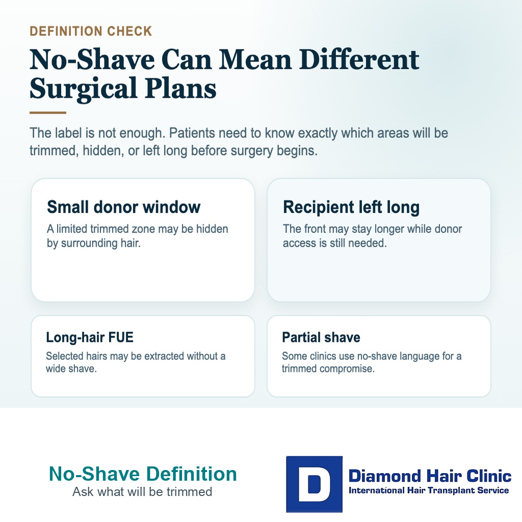 Visual explaining that no-shave hair transplant can mean different surgical trimming plans