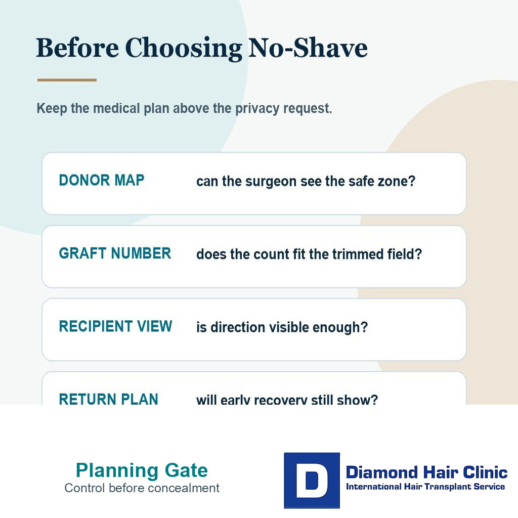 No shave hair transplant planning card with donor map graft number recipient view and return plan checks