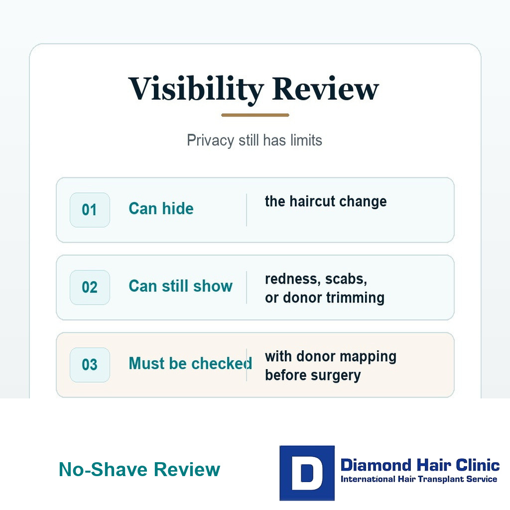 Text card reviewing visibility limits after a no-shave hair transplant