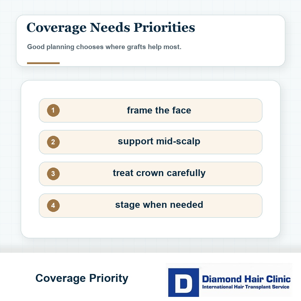 Coverage priority visual for a norwood 6 or 7 hair transplant look natural in hair transplant planning