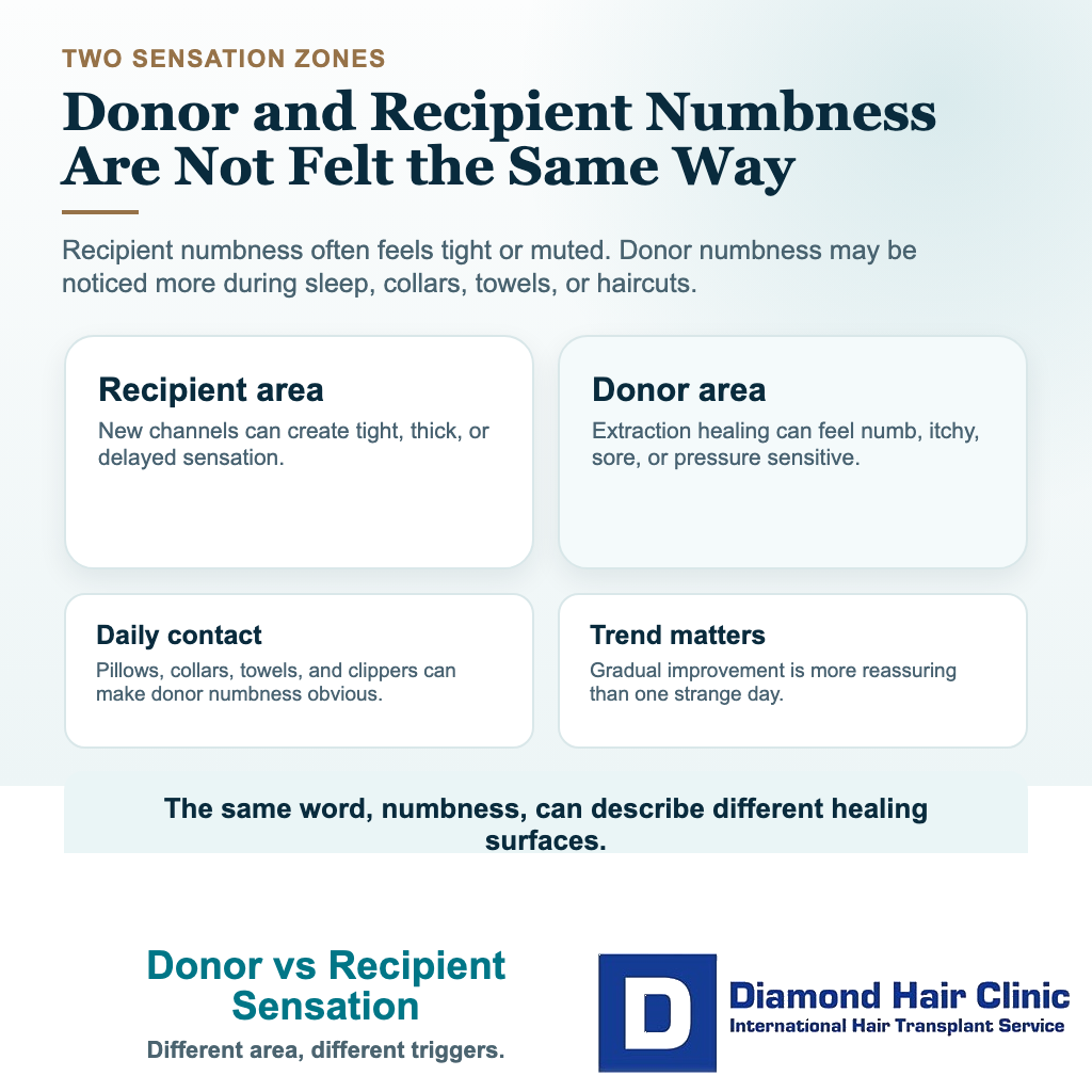 Hair transplant numbness visual comparing donor area and recipient area sensation changes