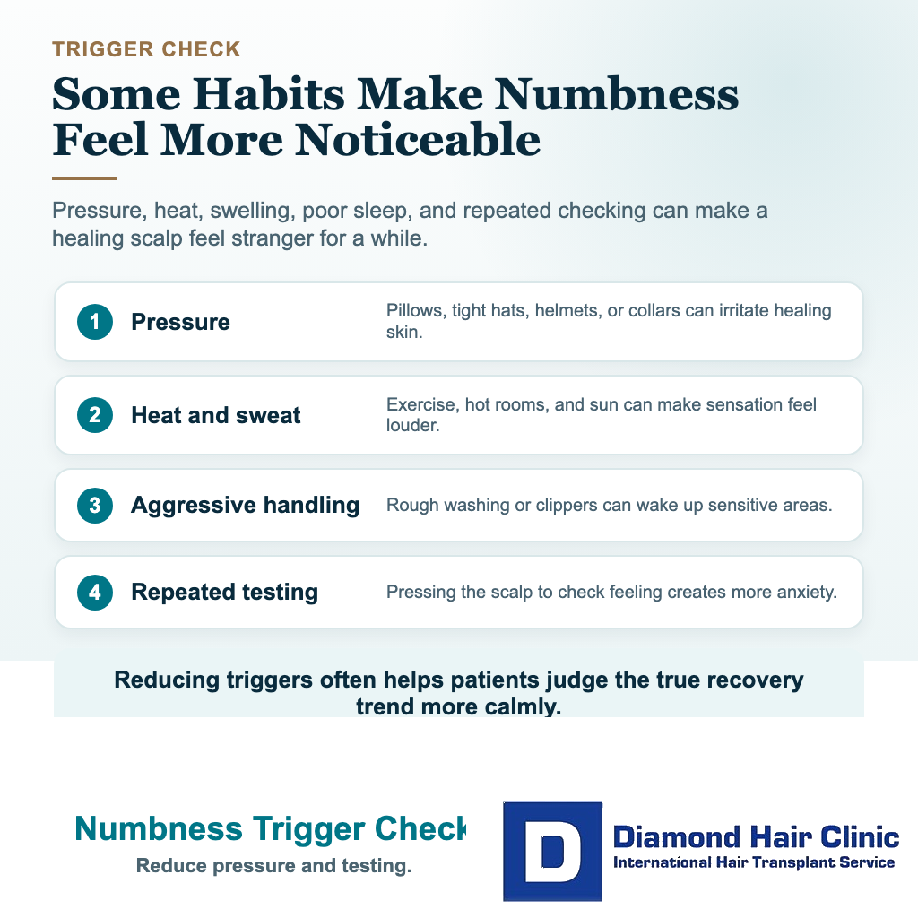 Hair transplant numbness visual explaining pressure heat swelling and anxious touching triggers