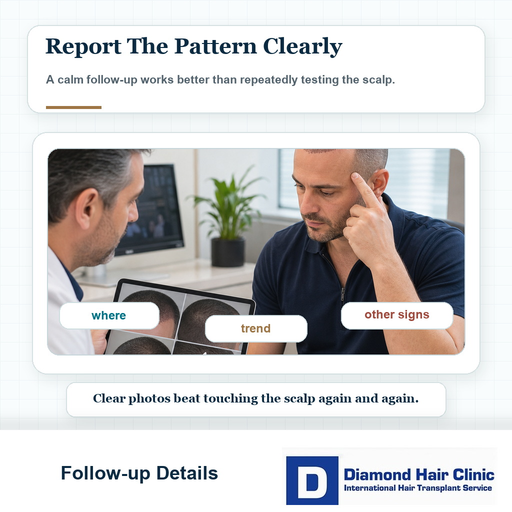 Hair transplant patient and surgeon reviewing scalp photos and numbness pattern after surgery