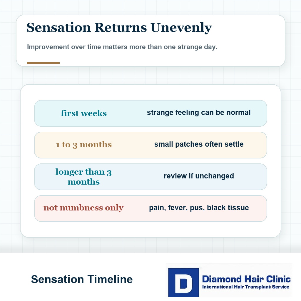 Numbness after hair transplant timeline card showing weeks of improvement, 1 to 3 months for small areas, and warning signs for clinic review
