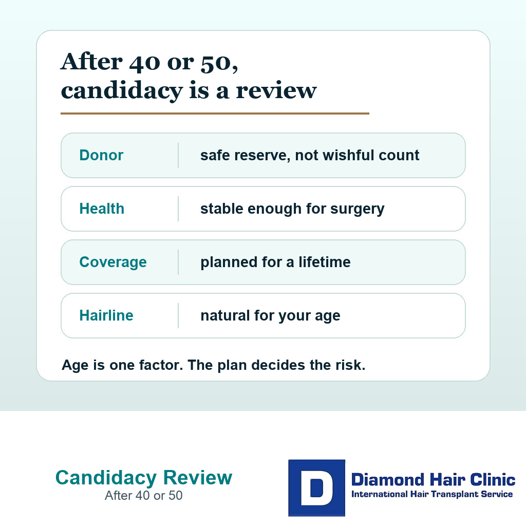 Information card listing donor, health, coverage, and hairline review points after age 40 or 50.