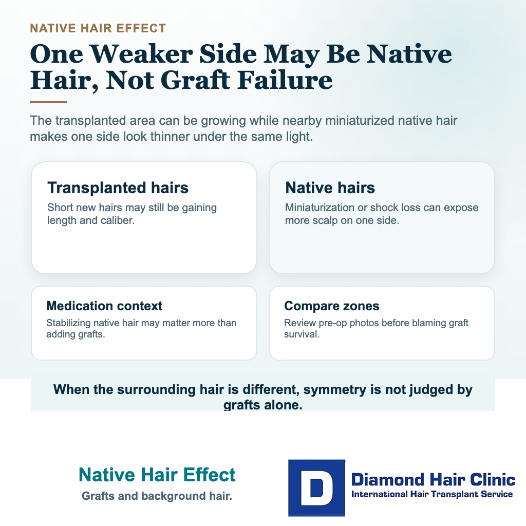 Visual showing that one side can look thinner because surrounding native hair is weaker, not only because transplanted grafts failed.