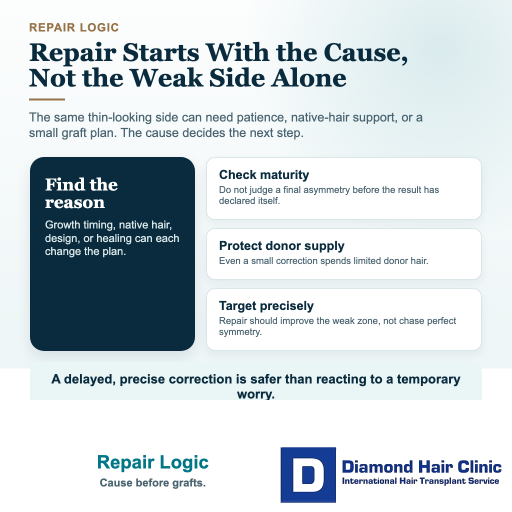 Visual explaining that uneven growth repair should be based on diagnosis, donor budget, and precise planning, not panic filling.