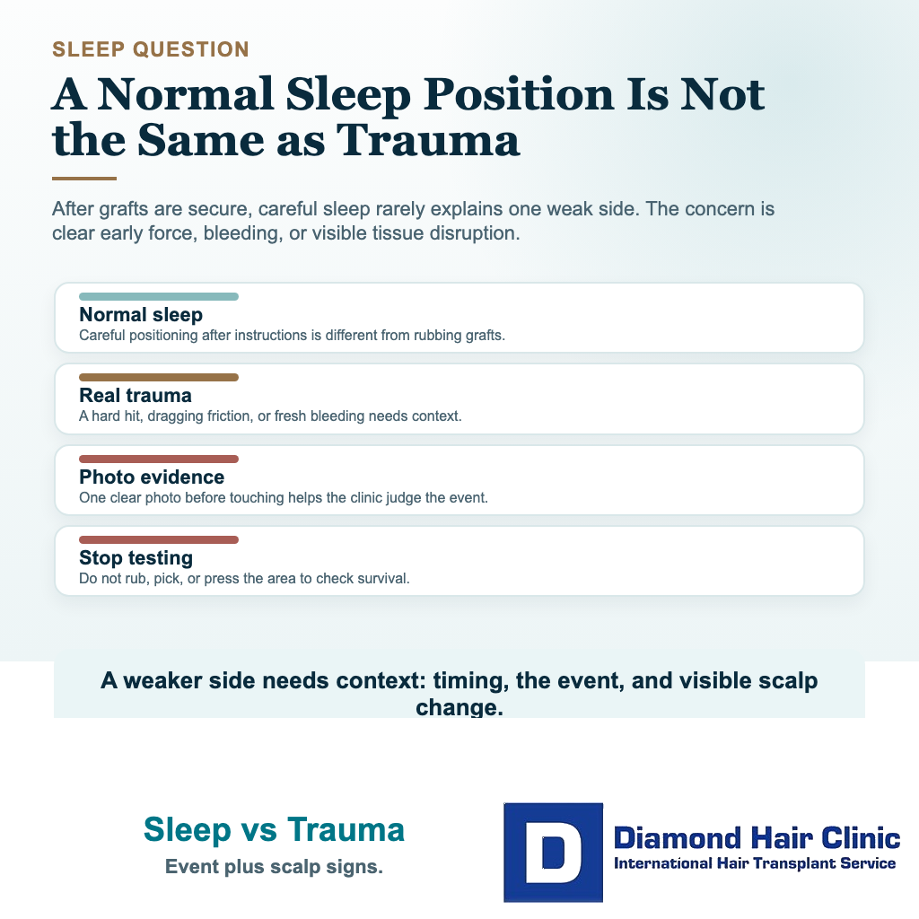 Visual explaining that careful sleep is different from early trauma when one side looks weaker after hair transplant.