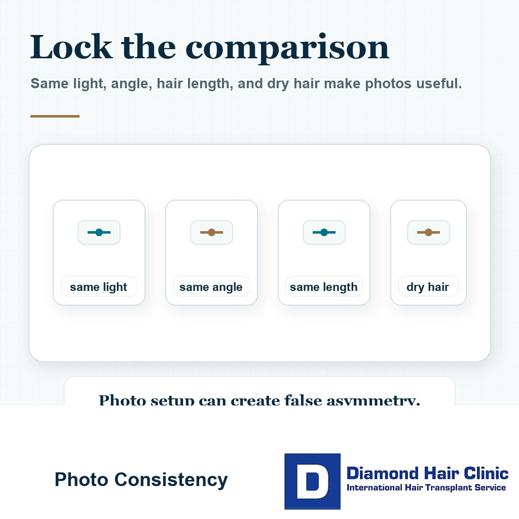 Visual showing same light angle hair length and dry hair for comparing one side of a hair transplant with the other