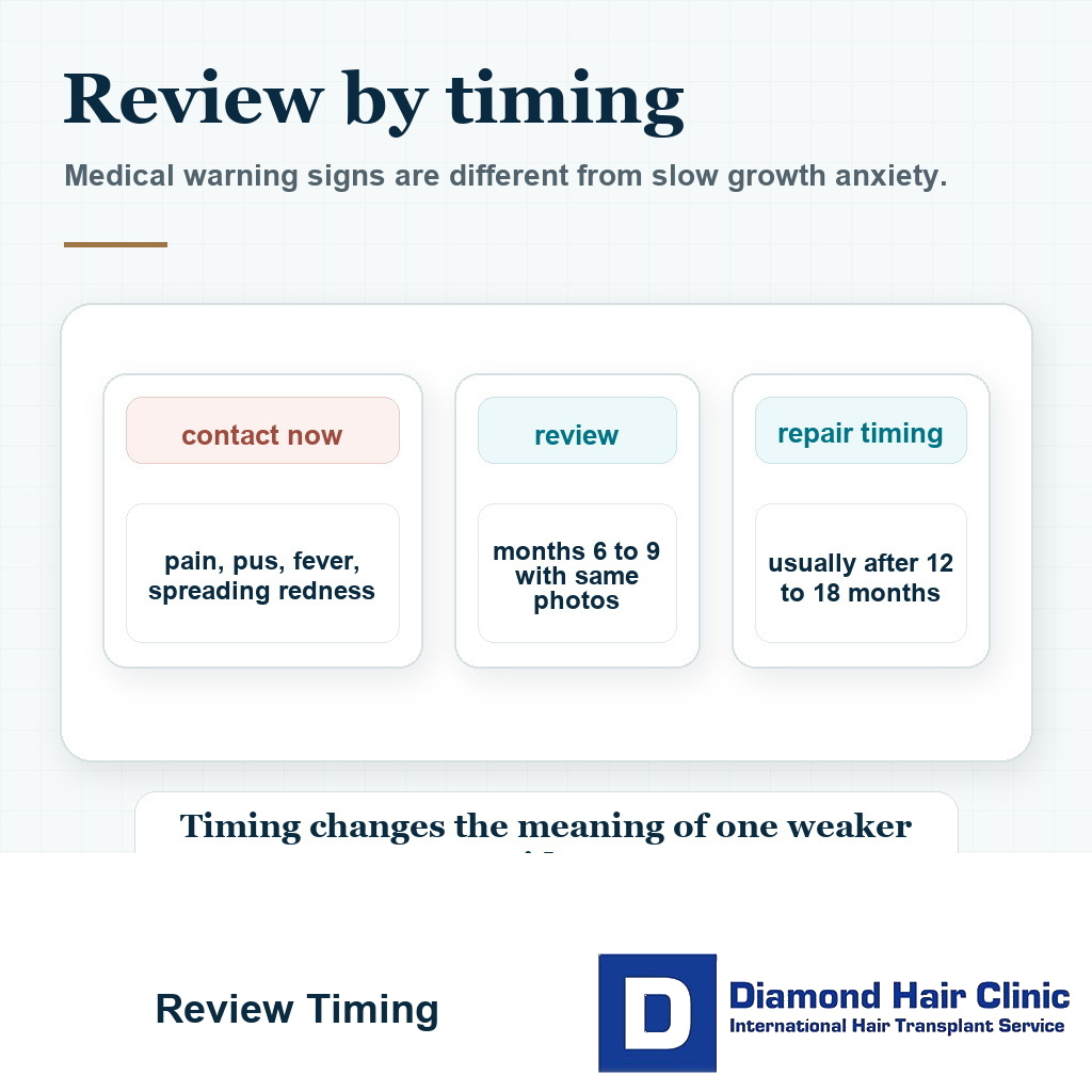 Visual explaining when to contact the clinic urgently versus when to review slow one sided hair transplant growth over time