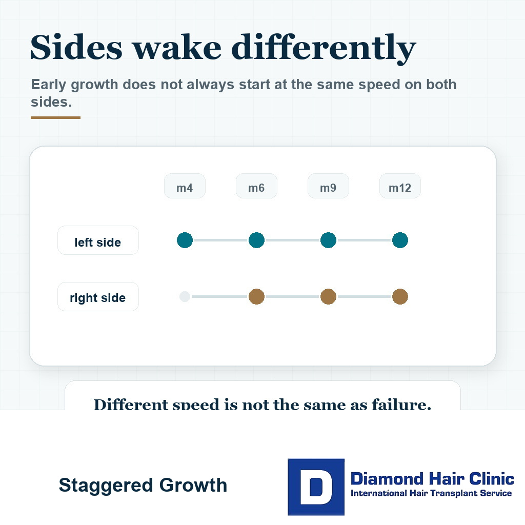 Visual showing one side of a hair transplant can start visible growth slower than the other side during early recovery