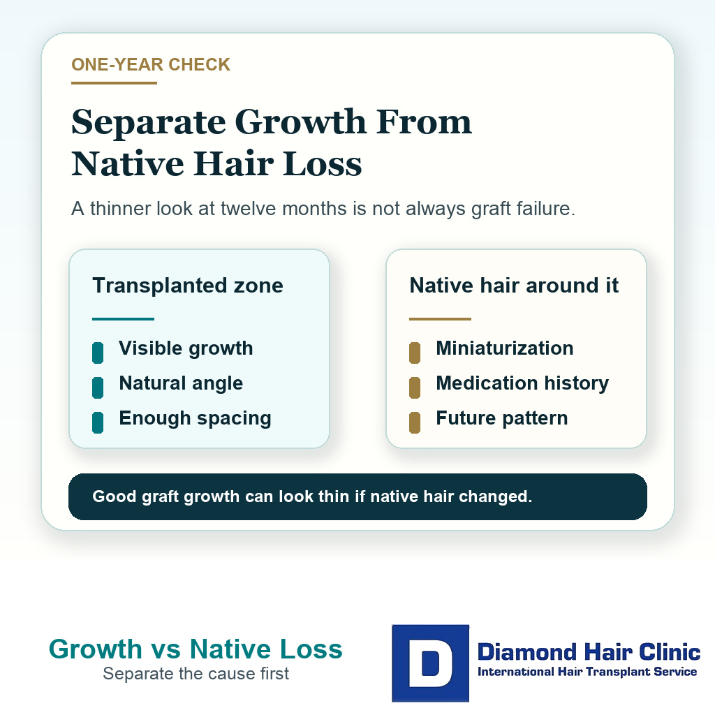 Clinical support card explaining that one-year FUE density should separate transplanted hair growth from surrounding native hair loss.