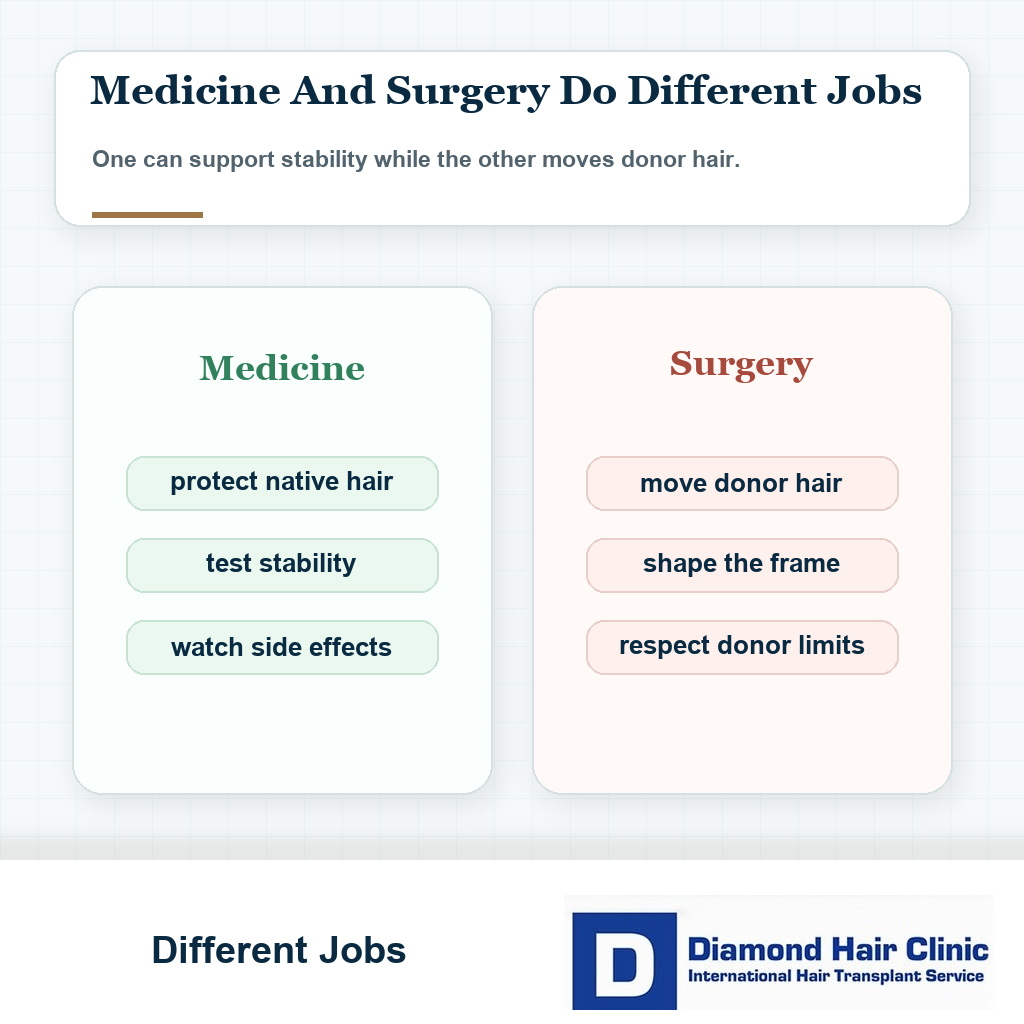Comparison card explaining medicine and surgery roles for i take oral minoxidil before or