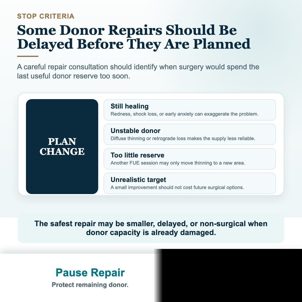 Visual showing when repair surgery for an overharvested donor area should be paused or avoided