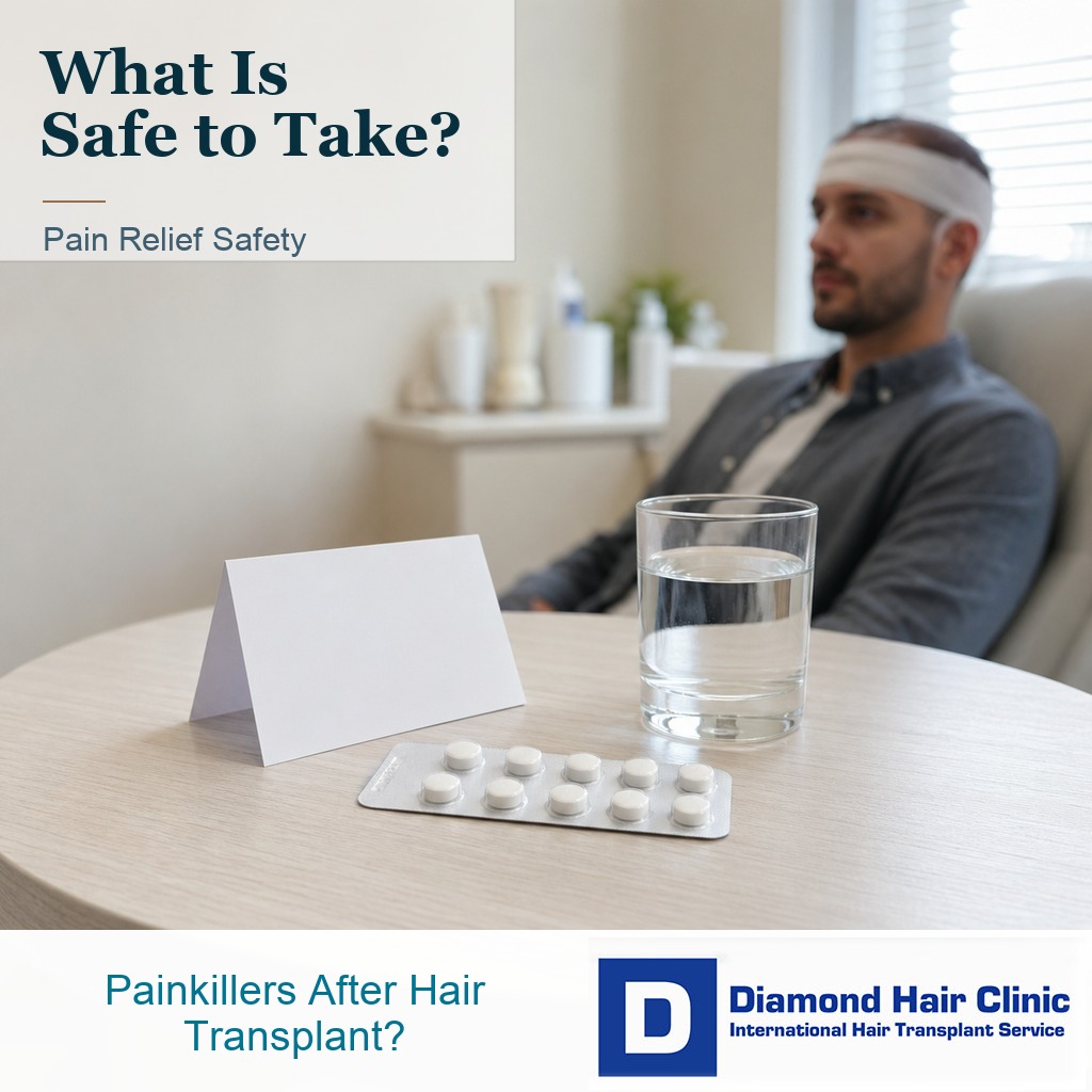 Unbranded pain tablets and water prepared for safe recovery after hair transplant