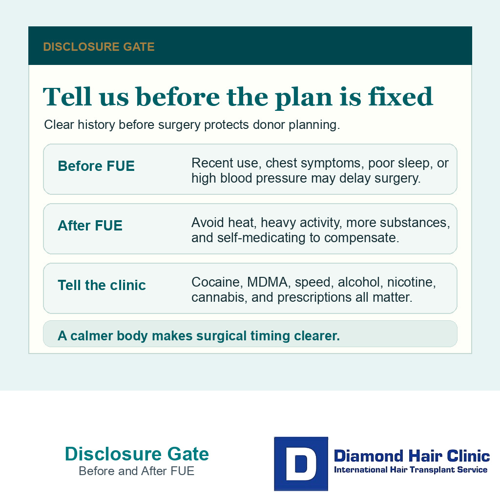 Information card showing what to disclose before and after FUE if party drugs were used