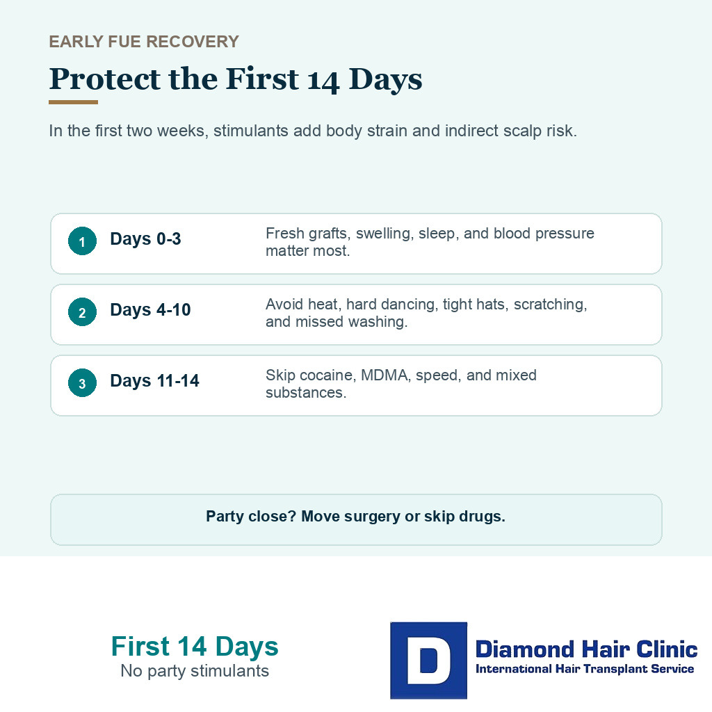 Information card explaining why the first 14 days after FUE should be protected from party stimulants, heat, hard dancing, and mixed substances
