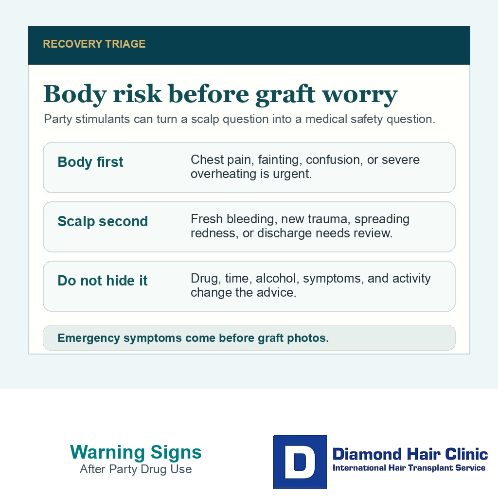Information card showing body warning signs after party drug use during FUE recovery