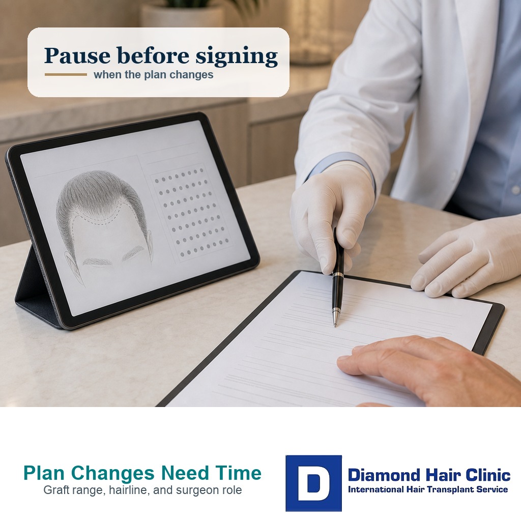 Hair transplant patient pausing before signing consent after final plan review