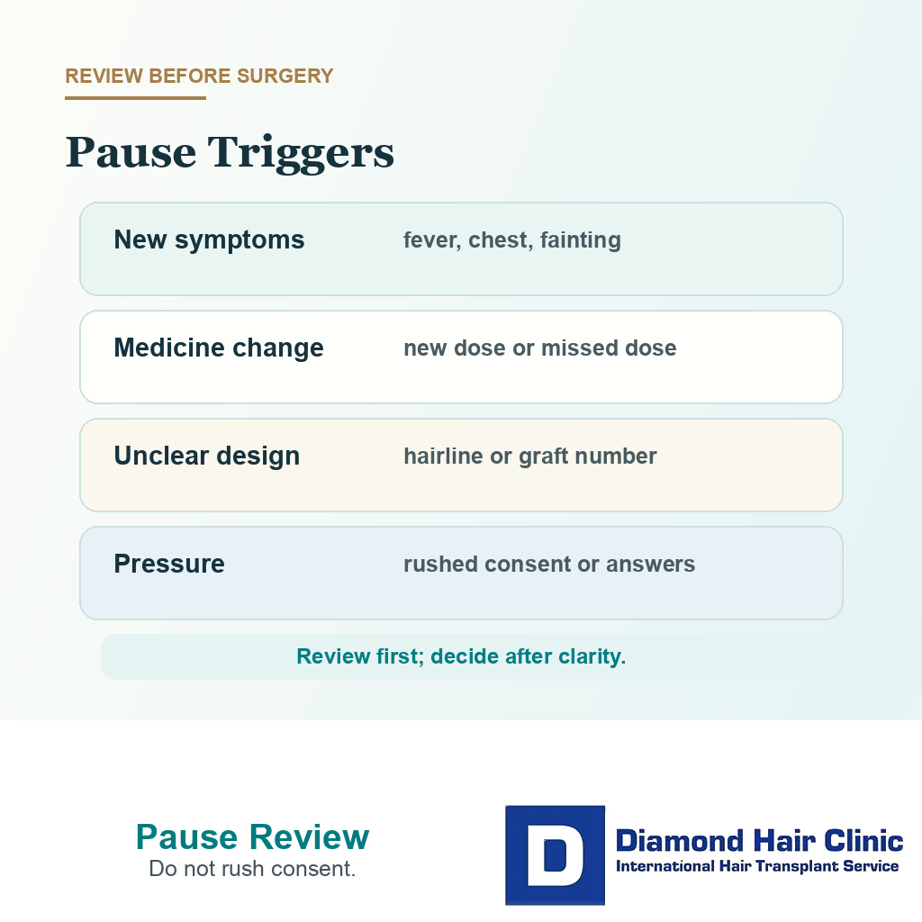 Decision card showing medical and planning reasons to pause before hair transplant surgery