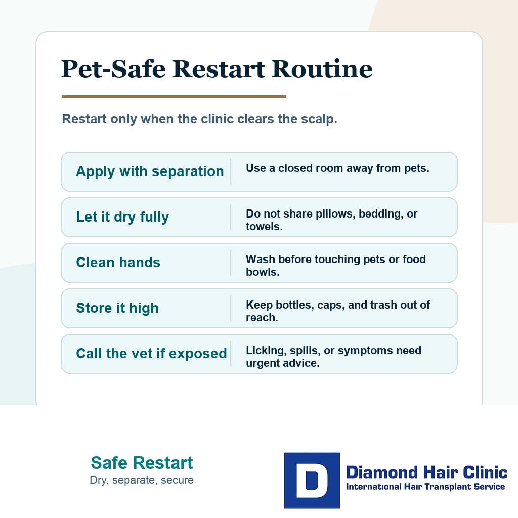 Diamond Hair Clinic decision visual for restarting minoxidil safely around cats after hair transplant