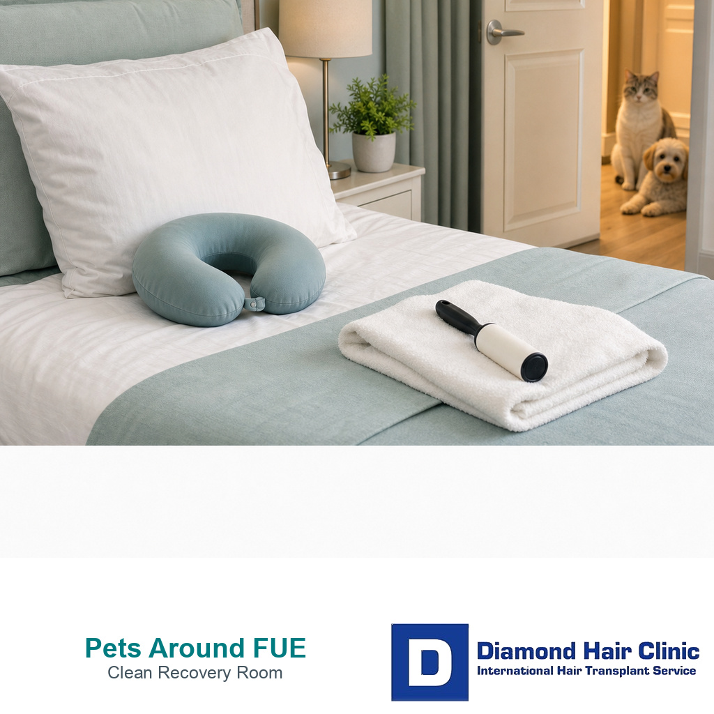 Clean recovery bed with neck pillow lint roller and pets waiting outside the room after FUE hair transplant