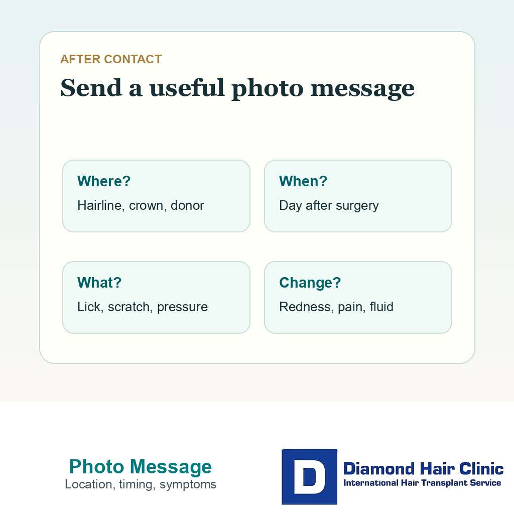Information card showing what to photograph and report after pet contact near grafts or donor area after FUE