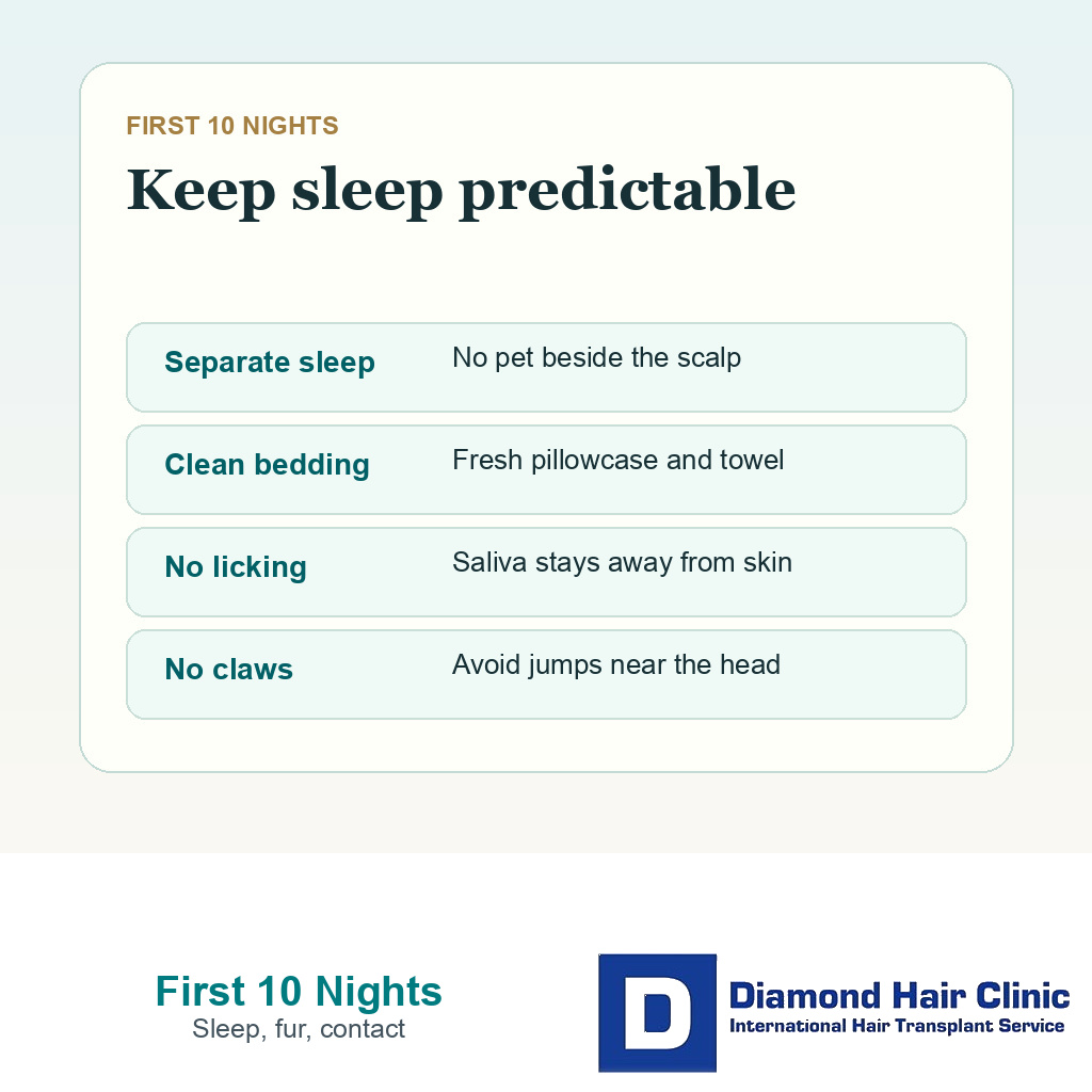 Information card showing separate sleep clean bedding no licking and no scratching after FUE with pets at home