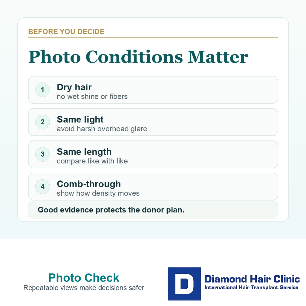 Photo conditions card for judging 10-month hair transplant results