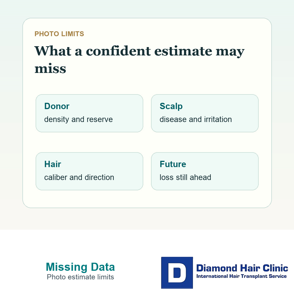 Clinical support card listing donor quality miniaturization scalp disease and hairline direction as missing data in photo estimates
