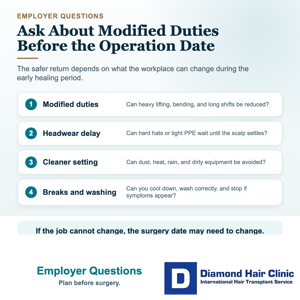 Employer questions card before returning to physical work after hair transplant