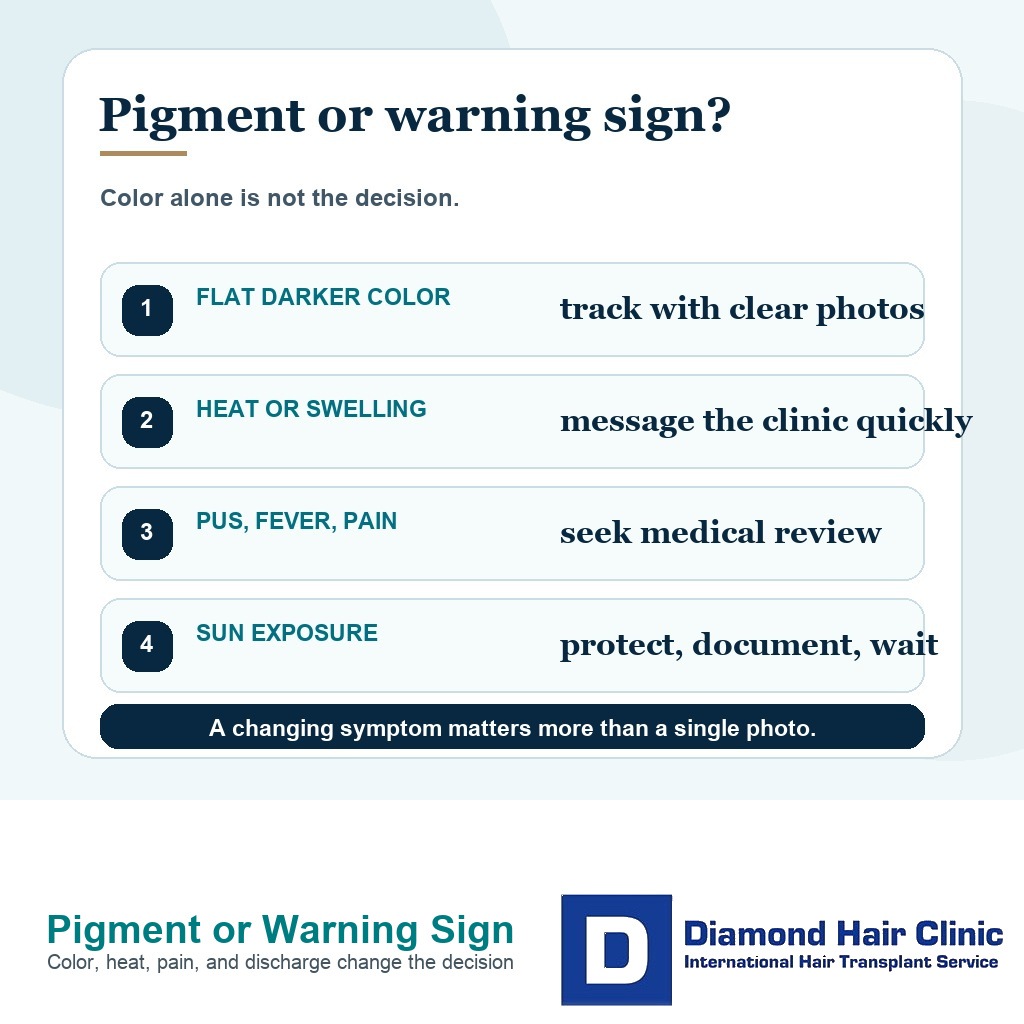 Decision card separating darker pigment from warning signs after FUE