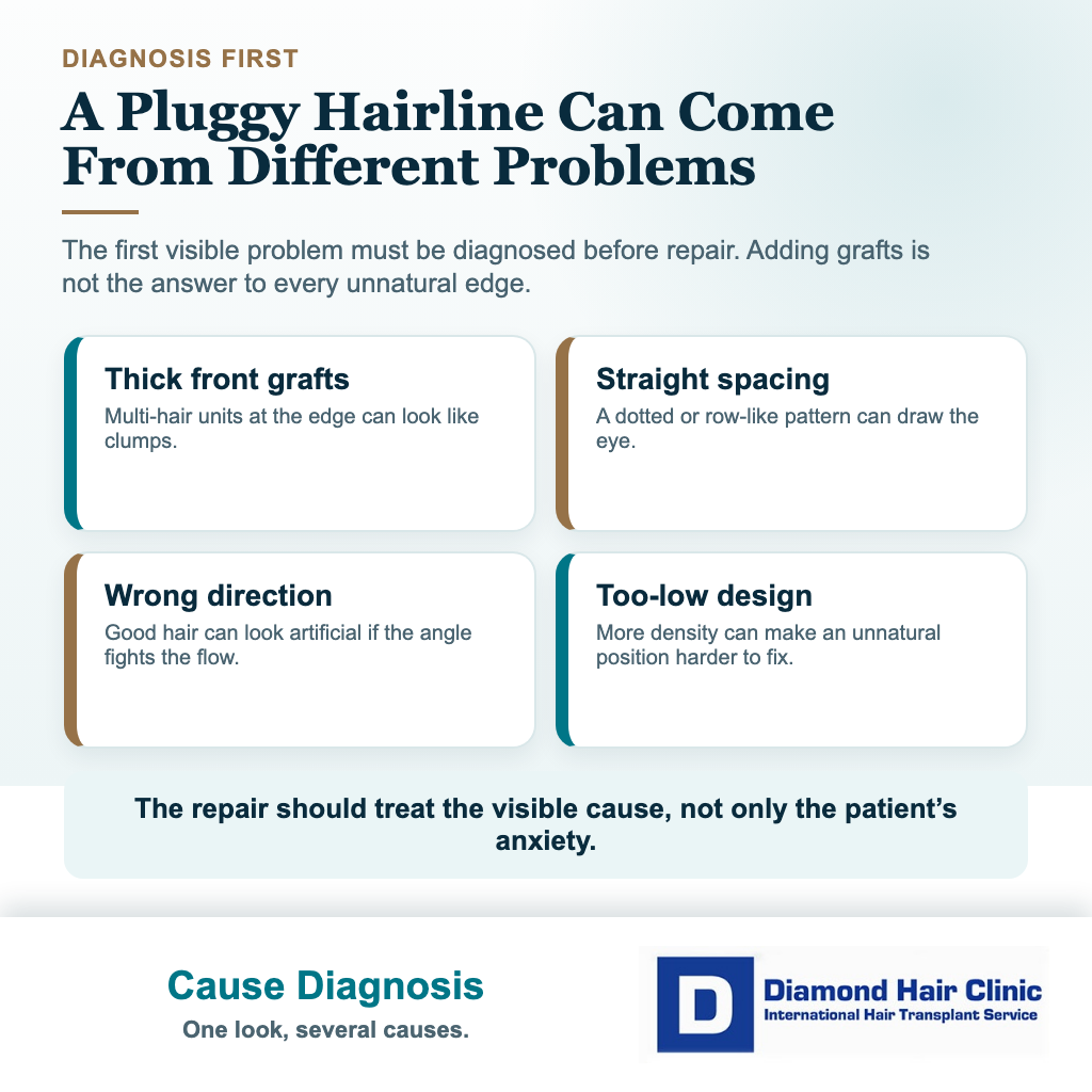 Visual explaining common causes of a pluggy hairline after hair transplant