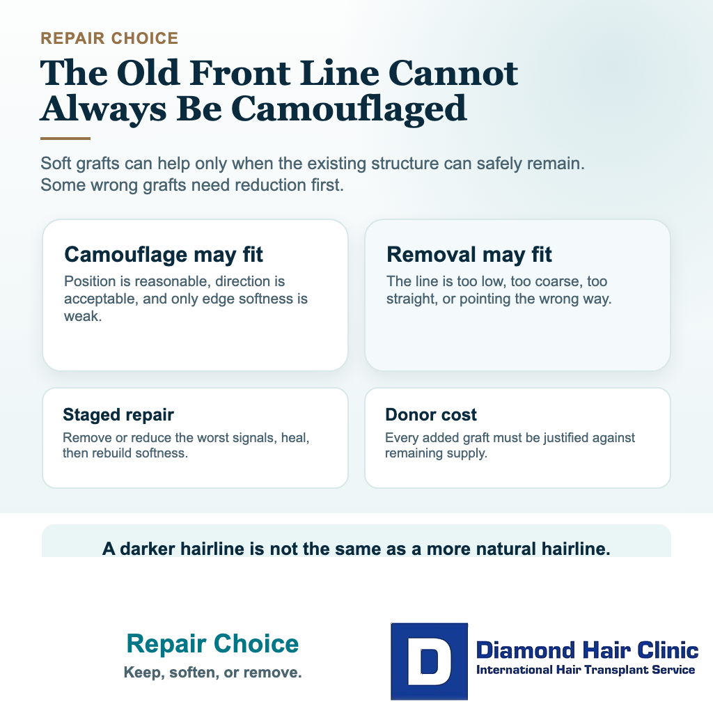 Visual comparing removal and camouflage choices for pluggy hairline repair after hair transplant