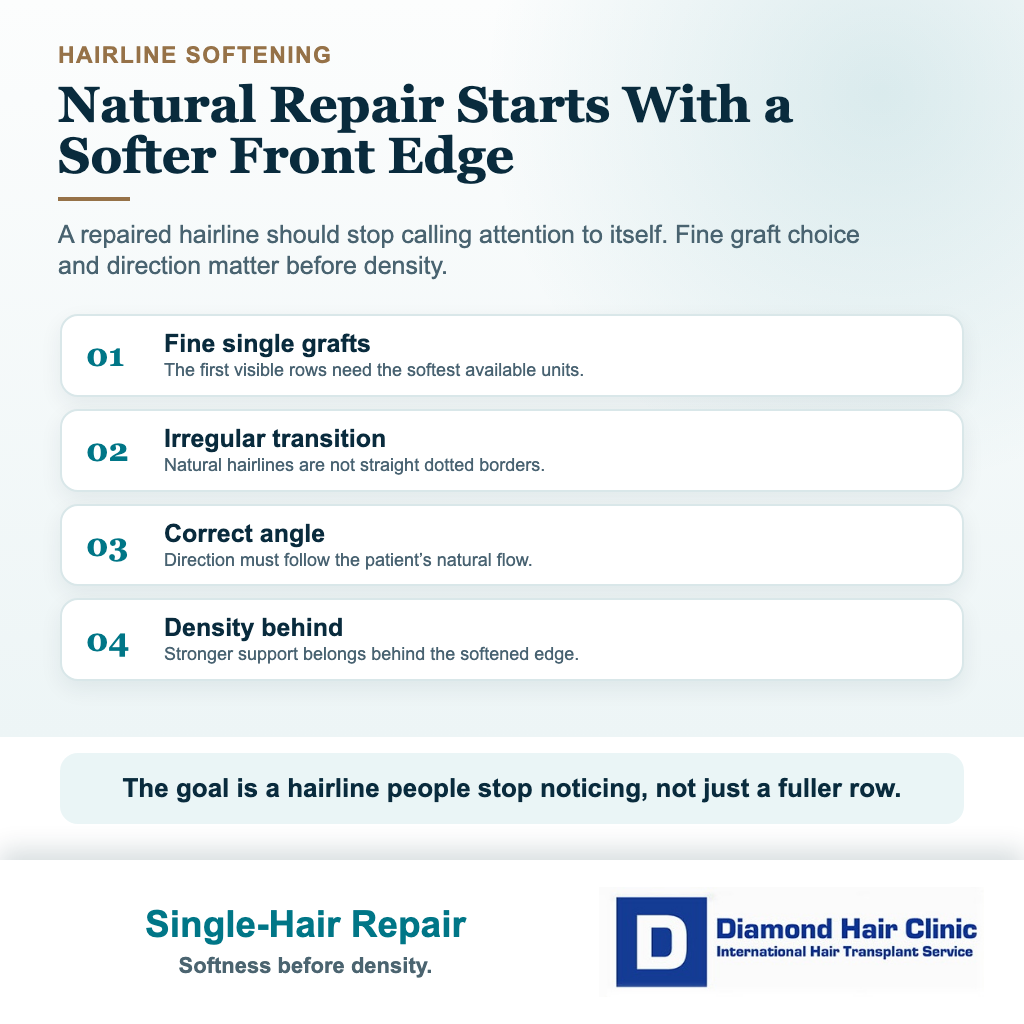 Visual explaining why single-hair grafts matter when repairing a pluggy hairline