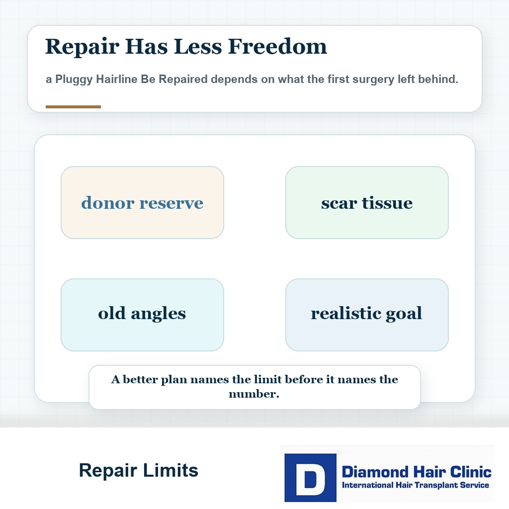 Repair limitation visual for a pluggy hairline after hair transplant
