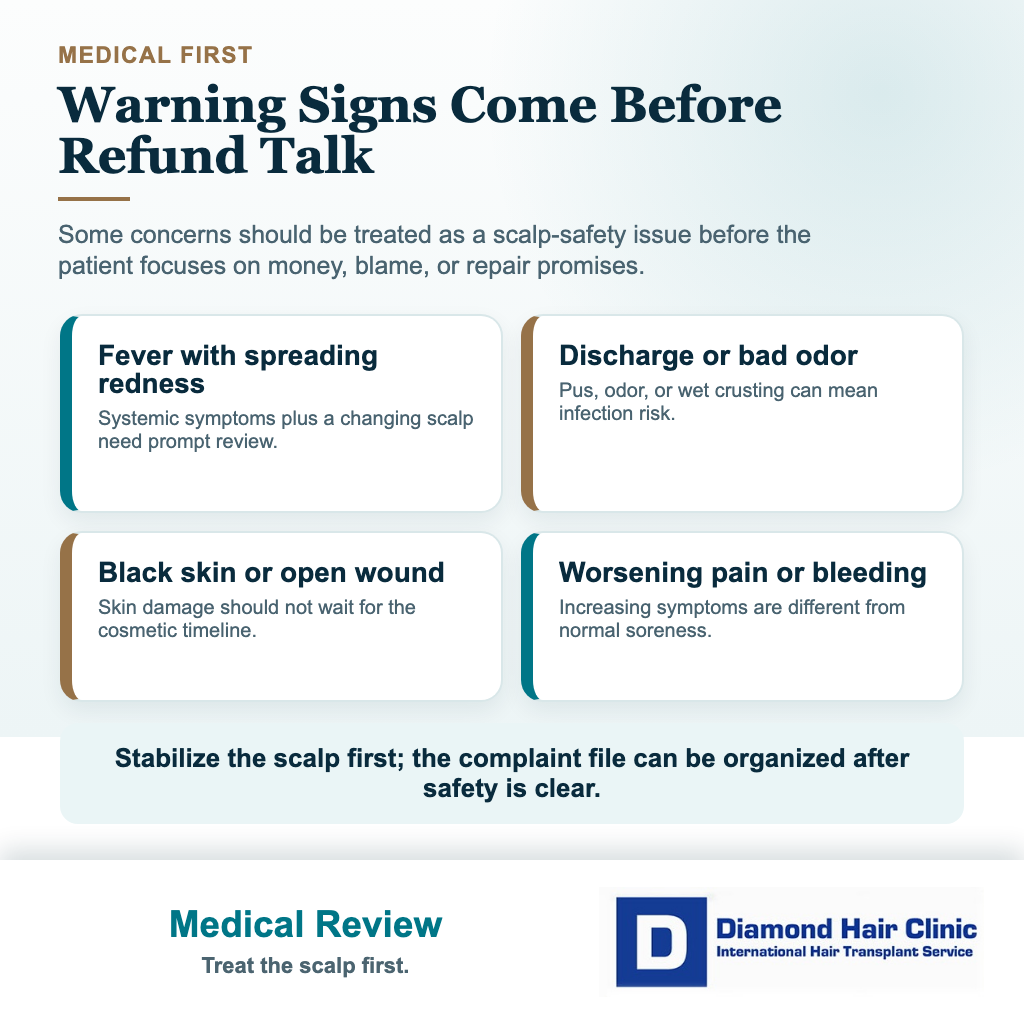 Diamond Hair Clinic visual explaining medical warning signs that need review before refund or repair decisions after a poor hair transplant result