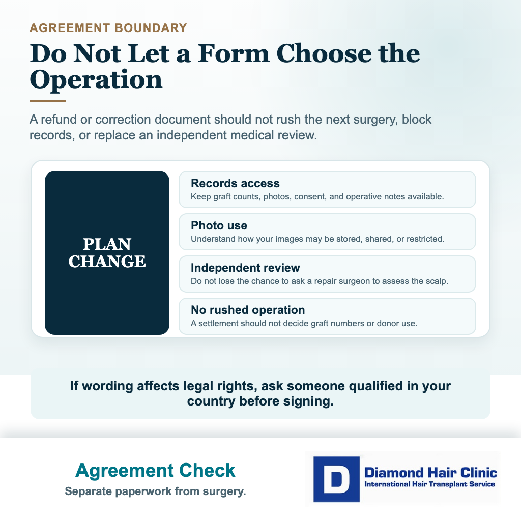 Diamond Hair Clinic visual explaining what to check before signing a refund or correction agreement after a poor hair transplant result